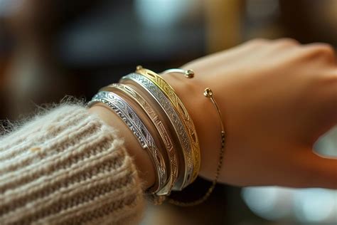 Divers bracelets joncs pour femmes de différents styles et couleurs, certains ornés de gravures.