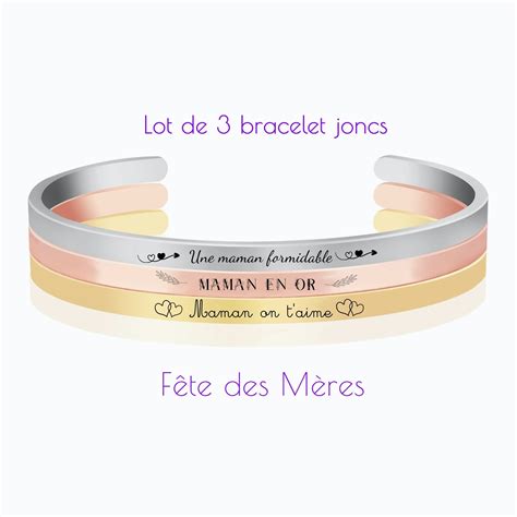 Exemples de messages gravés sur des bracelets joncs, illustrant différentes catégories (amitié, amour, positif).
