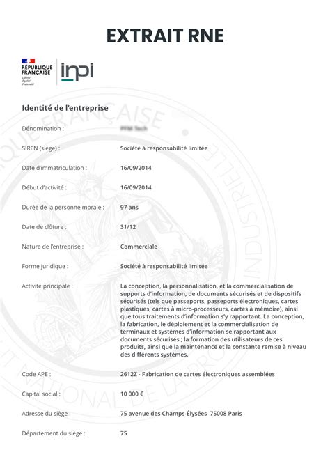 Exemple de structure d'un extrait RNE pour une entreprise