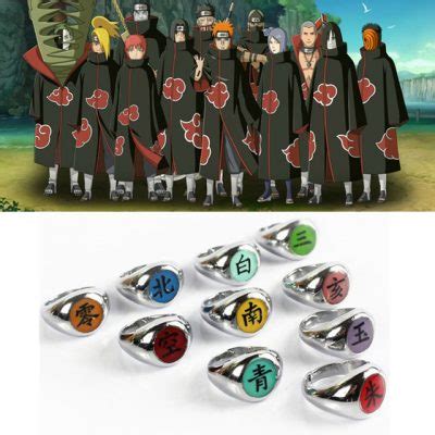 Infographie présentant les 10 bagues de l'Akatsuki, leurs kanjis, couleurs et doigts correspondants.