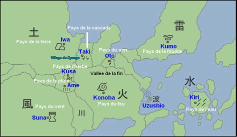 Carte du monde de Naruto montrant les villages d'origine des membres de l'Akatsuki.