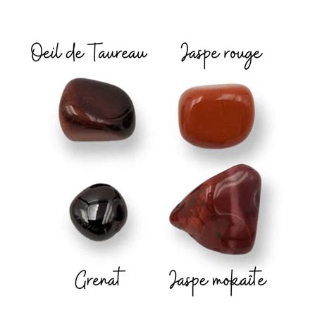 Collection de pierres rouges pour le chakra racine (grenat, jaspe rouge, œil de taureau)