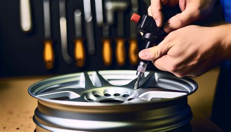 Gros plan sur une jante en aluminium en cours de réparation avec du mastic