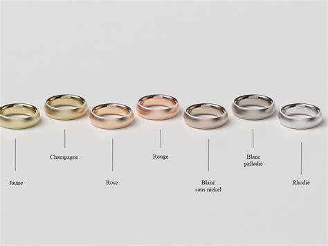 Palette de couleurs des métaux précieux utilisés en joaillerie : or blanc, platine, or jaune, or rose.