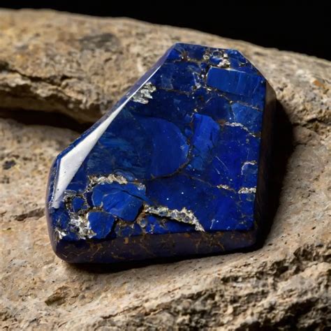 Gros plan sur une pierre de lapis lazuli bleue avec des inclusions dorées (pyrite), mettant en valeur sa texture et sa couleur.