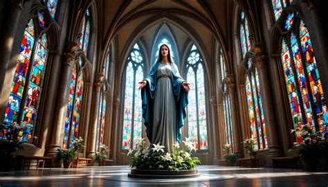 Représentation de la Vierge Marie avec des lys blancs symbolisant la pureté