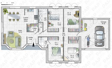 Plan d'une maison moderne avec un grand salon-séjour et une suite parentale