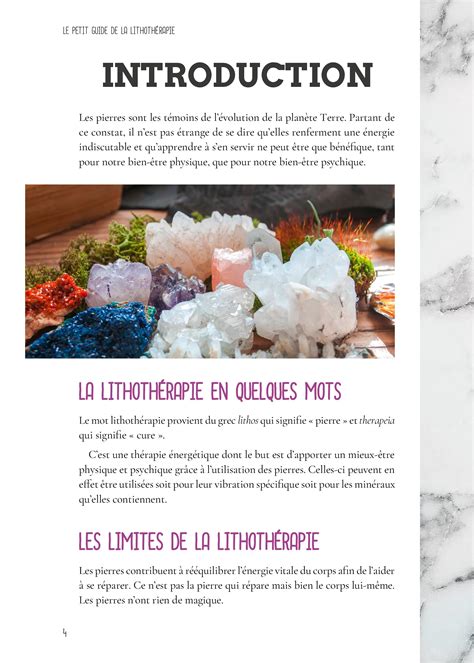 Infographie présentant les quatre axes de la lithothérapie moderne : intuition, introspection, analyse, application pratique.
