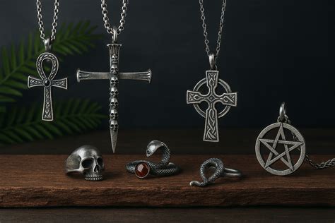 représentation de divers symboles gothiques : croix, ankh, crâne, serpent, pentagramme