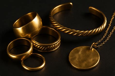 Photographie de différents bijoux en laiton mettant en valeur leur couleur dorée naturelle et les variations de patine.