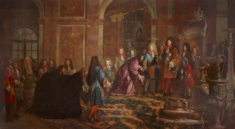 Peinture de la réception du Doge de Gênes par Louis XIV, mettant en scène un trône et une argenterie magnifiques.